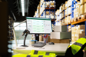 Estação de trabalho em centro de distribuição varejista com sistema de gestão exibindo controle de estoque, pedidos e movimentação de produtos em rede de lojas