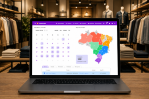 Notebook exibindo indicadores operacionais, calendário estratégico geográfico e visualização de dados integrados para gestão de estoque e maior previsibilidade no varejo.